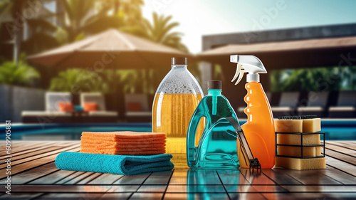 Swimming pool service and equipment with chemical cleaning products and tools on wood table and photo