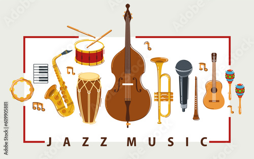 Jazz music band poster different instruments vector flat illustration, live sound festival or concert advertising flyer or banner, play different instruments orchestra.