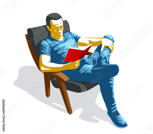 Young man reading book in comfortable armchair vector illustration isolated.