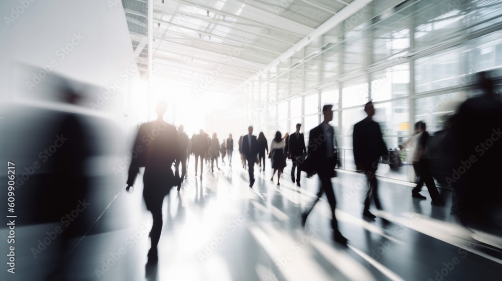 People walking in the corridor of an business center, pronounced motion blur Generative AI People walking in the corridor of an business center, pronounced motion blur Generative AI