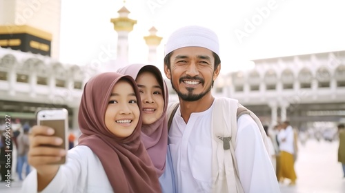 A Muslim family taking selfie with camera showing view of kaaba in Mecca and bustling Muslim people  Generative AI