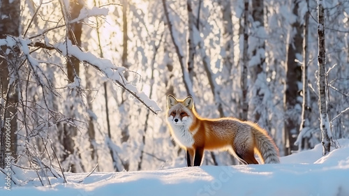 Fox on the winter forest meadow with white snow. Generative Ai