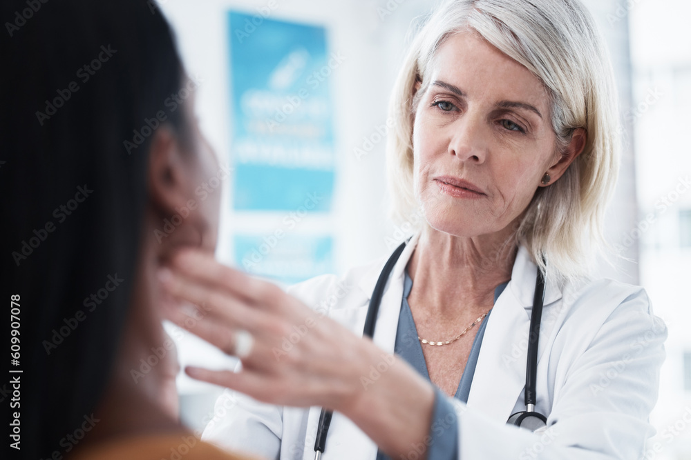 Consulting, throat and woman with doctor in hospital for sick, thyroid cancer or test. Healthcare, medicine and virus with medical physician and checking patient tonsils for emergency and injury Consulting, throat and woman with doctor in hospital for sick, thyroid cancer or test. Healthcare, medicine and virus with medical physician and checking patient tonsils for emergency and injury