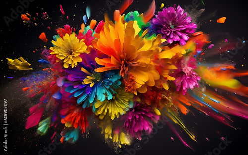 Abstract colorful explosion with flowers on black background. Generative AI technology.