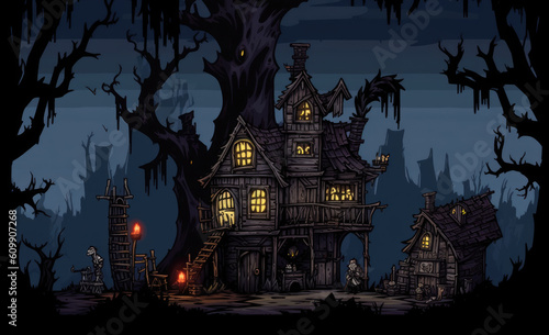 Halloween background with haunted house. Generative AI. © hugo