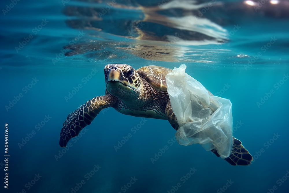 sea turtle underwater plastic bag, ocean pollution. Generative AI