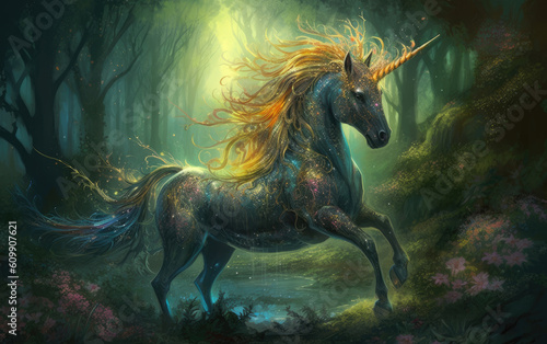 Unicorn horse with the flowers at jungle background. Generative AI. © hugo