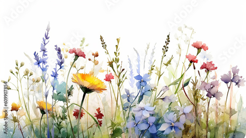 multicolored wildflowers watercolor field drawing summer. generative ai