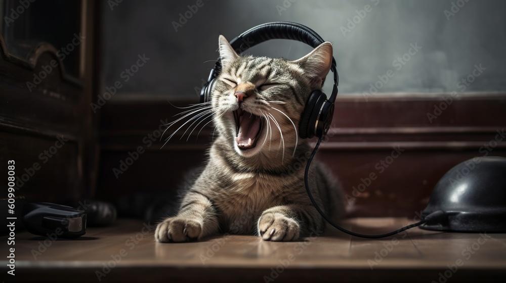 A cat listening to music with headphones on and really enjoying the music, Generative AI
