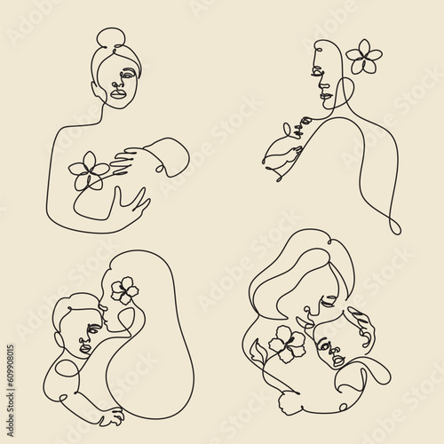 One line drawing woman and baby minimal logo. Line art mother and child vector illustration. Happy Mother day card.