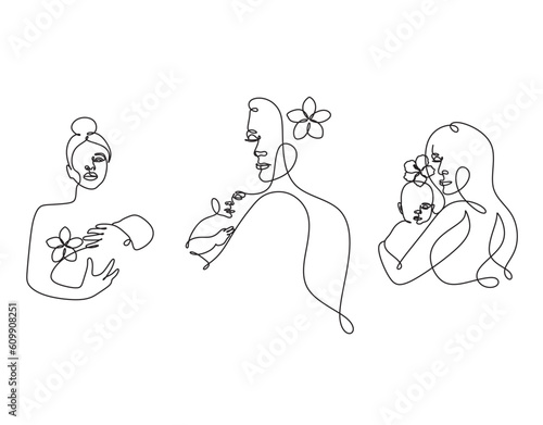 One line drawing woman and baby minimal logo. Line art mother and child vector illustration. Happy Mother day card.