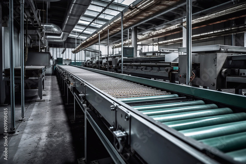 Conveyor belt at the factory close-up, created with Generative AI technology.