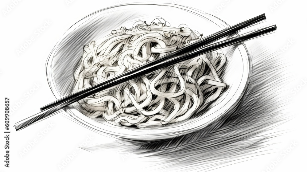 Black and white drawing of noodles in a bowl with Chinese chopsticks