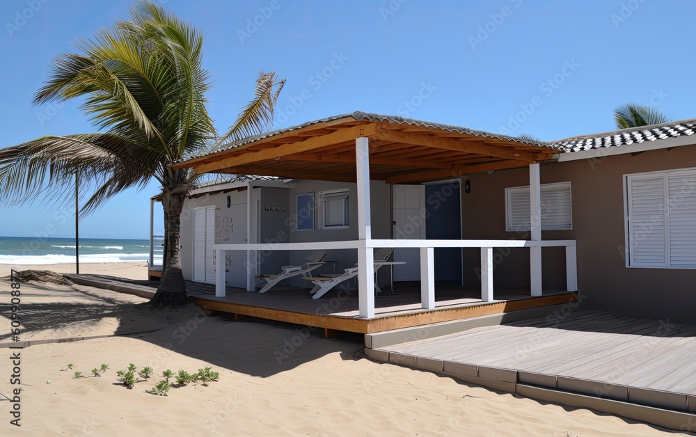 Fototapeta premium Beach hut on the beach with palm tree. Generative AI.