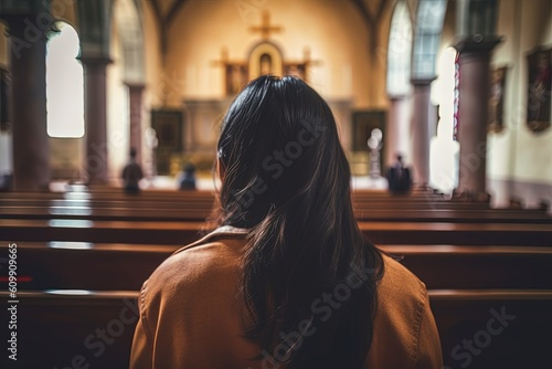 Young woman praying in the church, rear view. Religion concept. Christianity, catholicism. Generative AI.