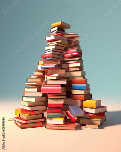 A stack of different books by size and color on a blue background.