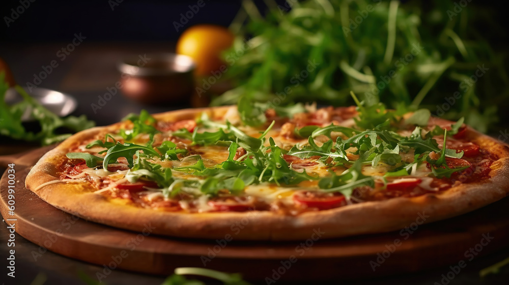 delicious vegetarian pizza with arugula on wooden table. Generative Ai delicious vegetarian pizza with arugula on wooden table. Generative Ai