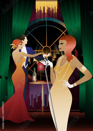 Singer and couple of people dancing in vintage costumes. Retro party in the style of the 1920-1930s. Vector illustration.