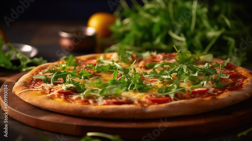 delicious vegetarian pizza with arugula on wooden table. Generative Ai