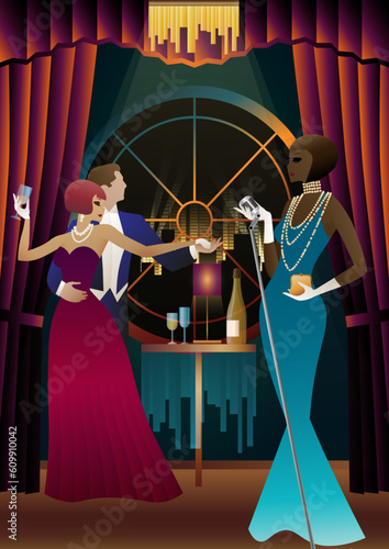 Singer and couple of people dancing in vintage costumes. Retro party in the style of the 1920-1930s. Vector illustration.