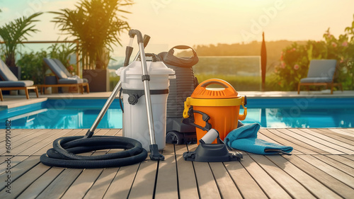 Swimming pool service and equipment with chemical cleaning products and tools on wood table and photo