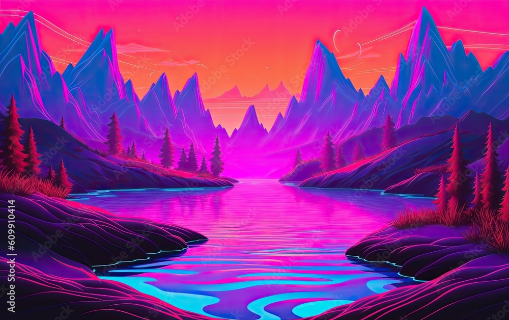 Vibrant colorful landscape with triangle mountains art. Generative AI.