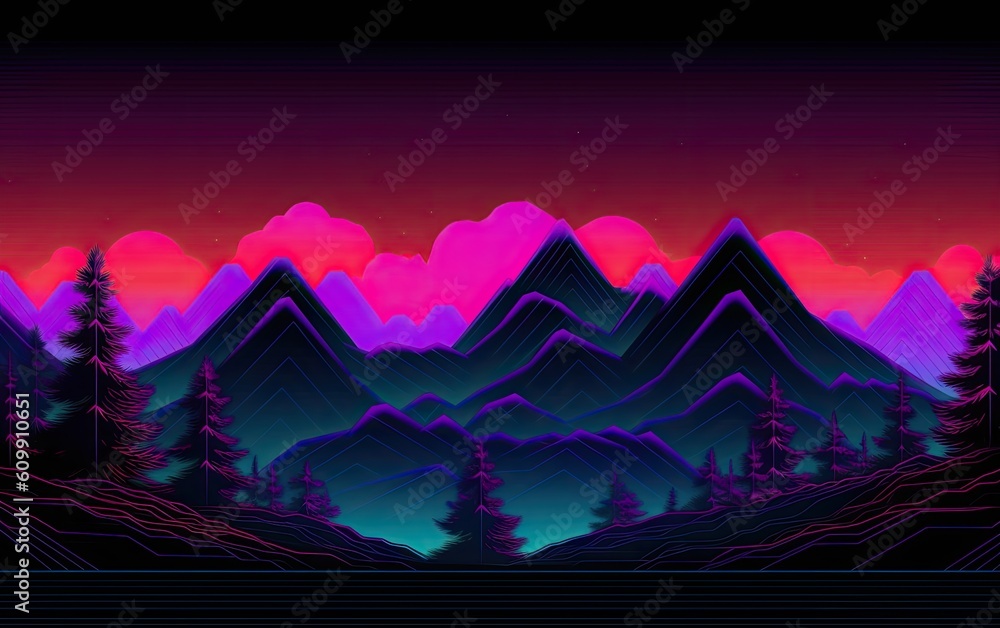 Neon light of the mountain landscape with moon. Generative AI.