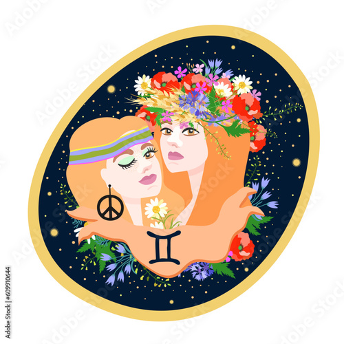 Gemini. Zodiac sign. Vector isolated composition on dark blue background. Horoscope concept. Two young woman similar to each other.