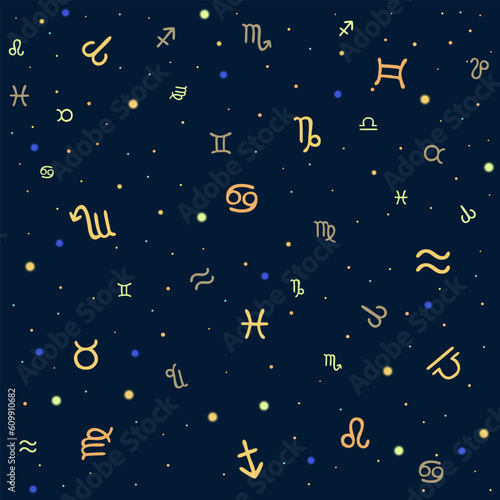 Vector seamless pattern with zodiac signs and stars. Horoscope concept.