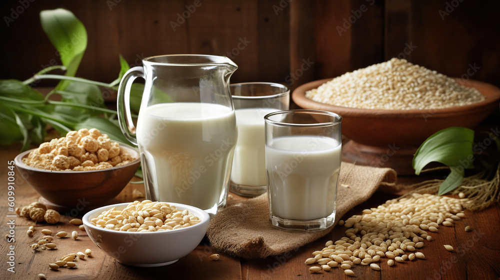 Reptientes with soy milk and grains on a wooden table and rustic kitchen background. Generative Ai Reptientes with soy milk and grains on a wooden table and rustic kitchen background. Generative Ai