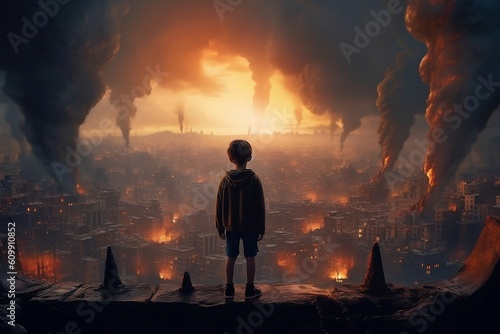 The child stands on the silhouette of a burning city. Destruction. Apocalypse. Generative AI.