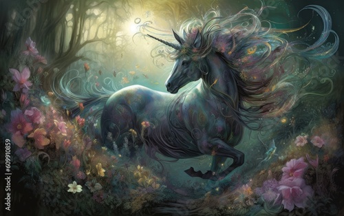 Unicorn horse with the flowers at jungle background. Generative AI.