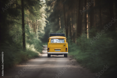 Rear view of a yellow camper van driving along a road in the woods