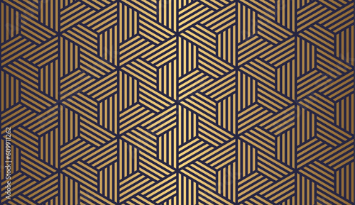 Luxury art deco seamless pattern with gold hexagon and striped line on blue background .Vector illustration.