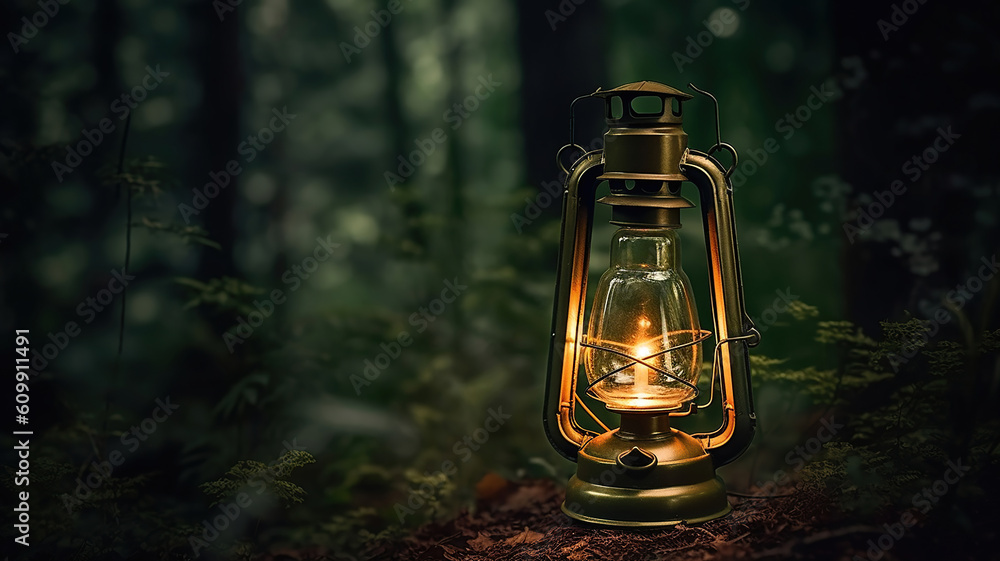 Vintage gasoline oil lantern lamp burning with a soft glow light in an dark forest. Generative Ai