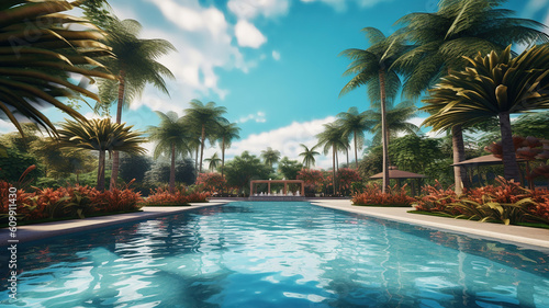 swimming pool surrounded with palms looking away while resting on tropical resort against cloudy sky. Generative Ai © PRI