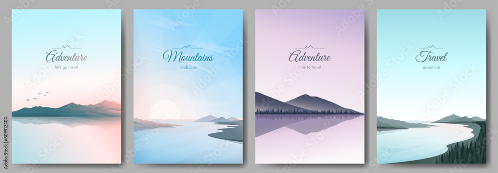 Set of posters. Mountain landscapes. A collection of vector illustrations in a minimalist style. Design for poster, background, banner, wallpaper.