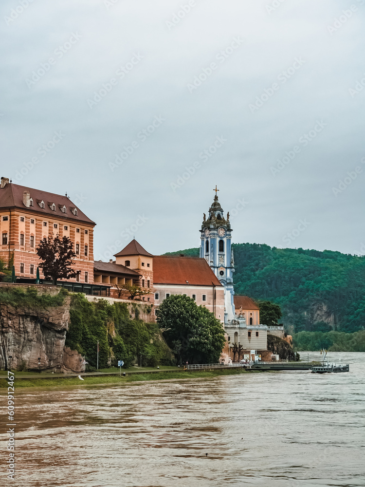 City of Duernstein in the Wachau Valley, Austria, from the Danube. Small European city on the river bank
