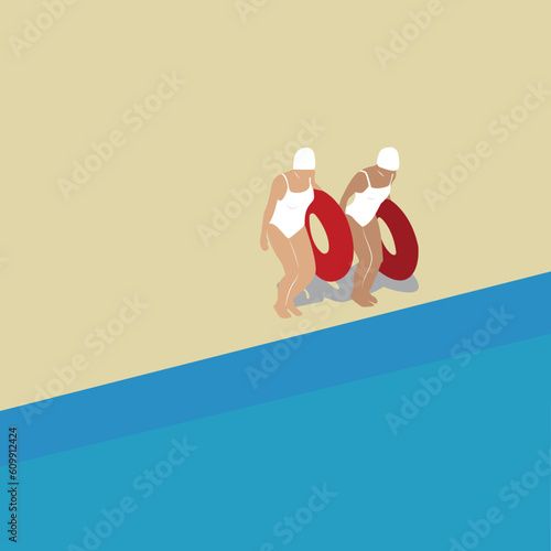 minimalistic sunny illustration, 2 girls swimming pool, summer