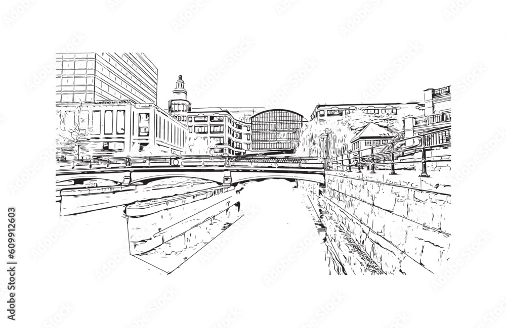 Building view with landmark of Providence is the capital city in U.S. state. Hand drawn sketch illustration in vector.