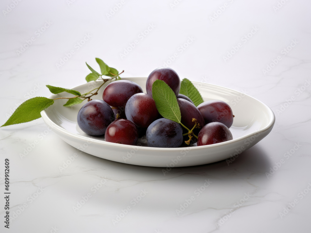 Dish with plums and green leaves on a white background Dish with plums and green leaves on a white background