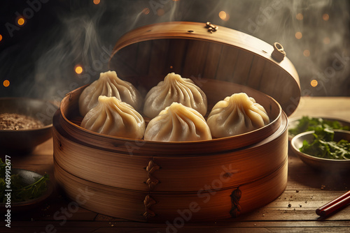 Xiaolongbao with steam. image created with artificial intelligence simulating Food photography.