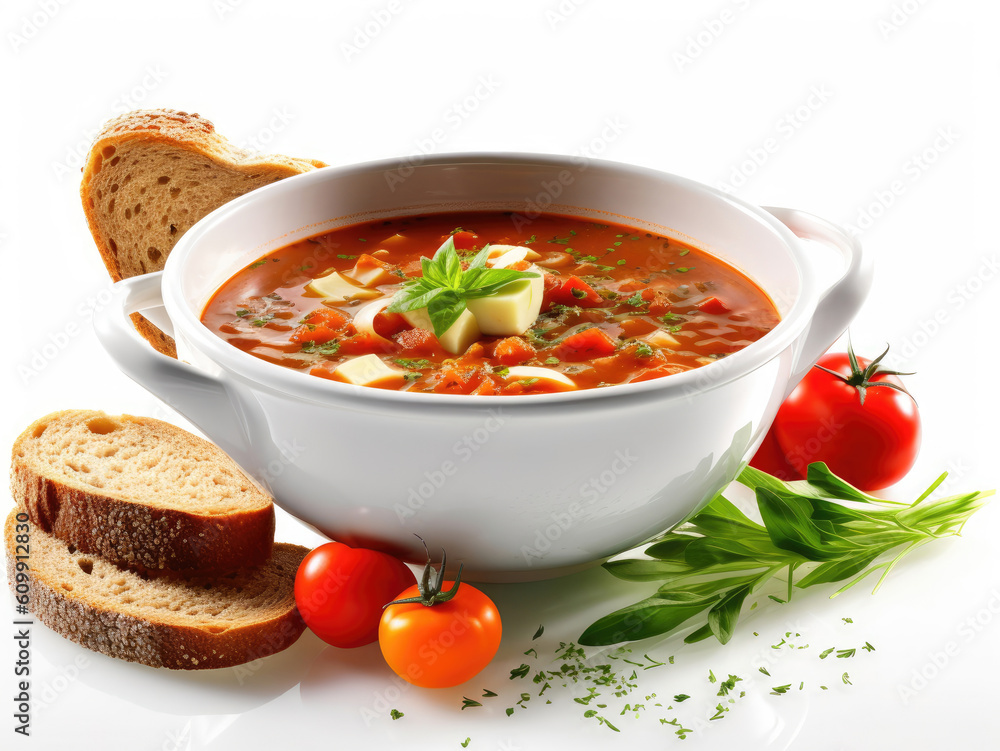 Healthy meal vegetable soup bread and fresh herbs isolated on white background Healthy meal vegetable soup bread and fresh herbs isolated on white background