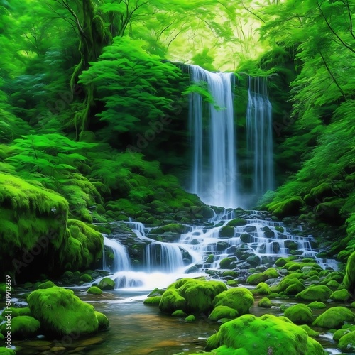 Majestic Waterfall Cascading Down a Lush Forest