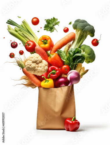 Assortment of vegetables flying into paper bag isolated on white background