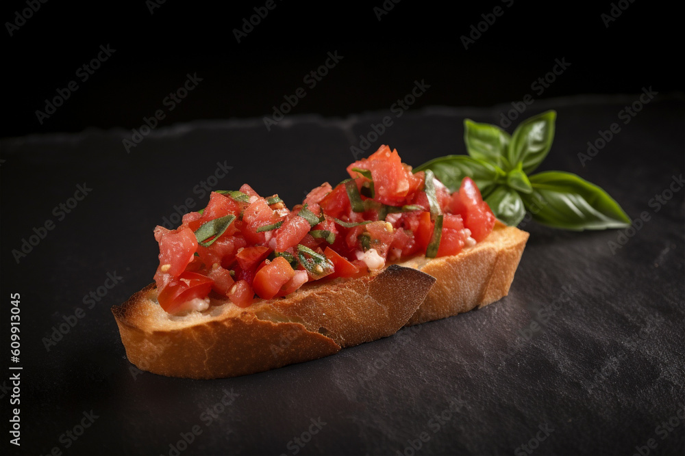 Tomato Toast with Basil (Italian Bruschetta), dark black background