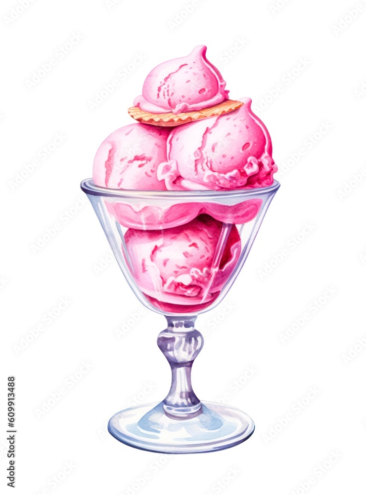 Watercolor illustration of a pink ice cream scoops in a glass saucer on white background. Generative AI. Watercolor illustration of a pink ice cream scoops in a glass saucer on white background. Generative AI.