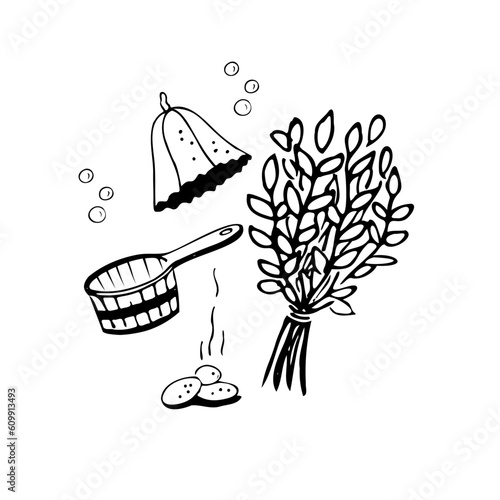 Sauna set Bath handicrafts sketch set isolated.Bath broom, ladle, stones, hat, soap bubbles doodle graphic. Design element black and white image . Art illustration.