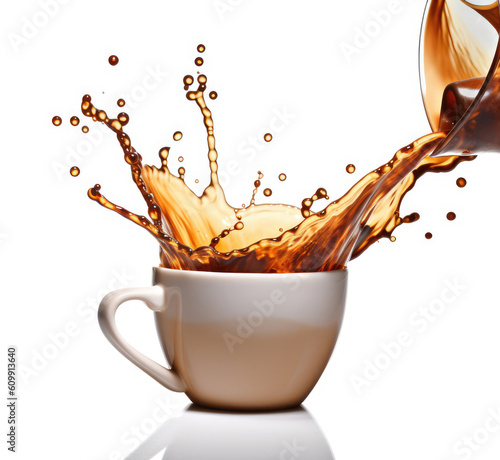 Pouring coffee into a cup on a white background