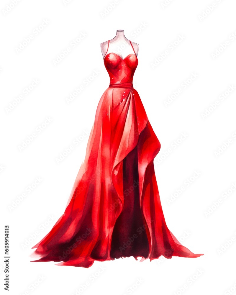 Watercolor illustration of a long evening red dress isolated on white background. Generative AI.